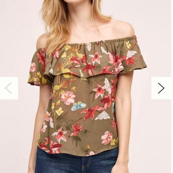 Anthropologie Maeve Vallita Off-The-Shoulder Floral Green Blouse Shirt Medium - Picture 3 of 6